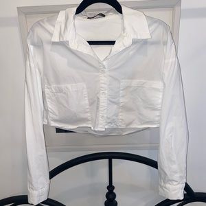 Cropped Patch Pocket White Button Up Shirting
